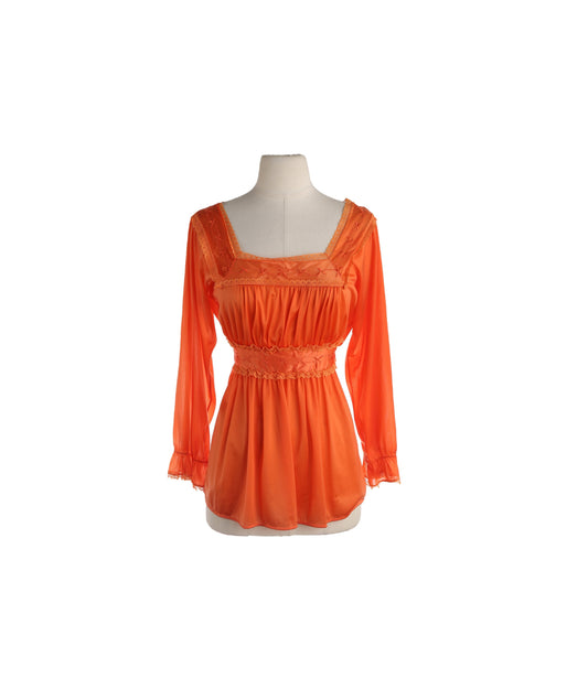 70s Women Orange Long Sleeve Polyester Blouse