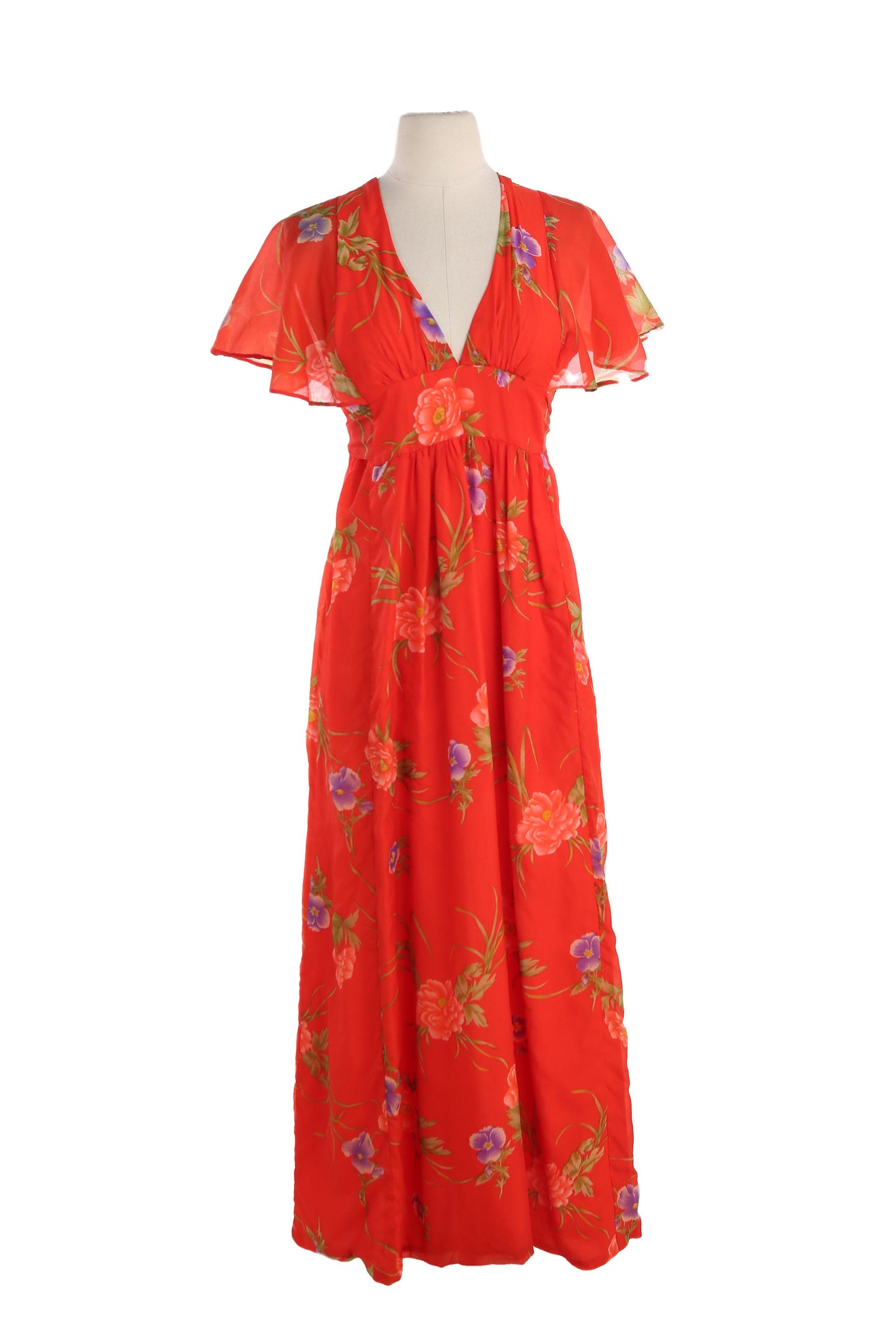 70s Red Floral Print Poly Summer Dress