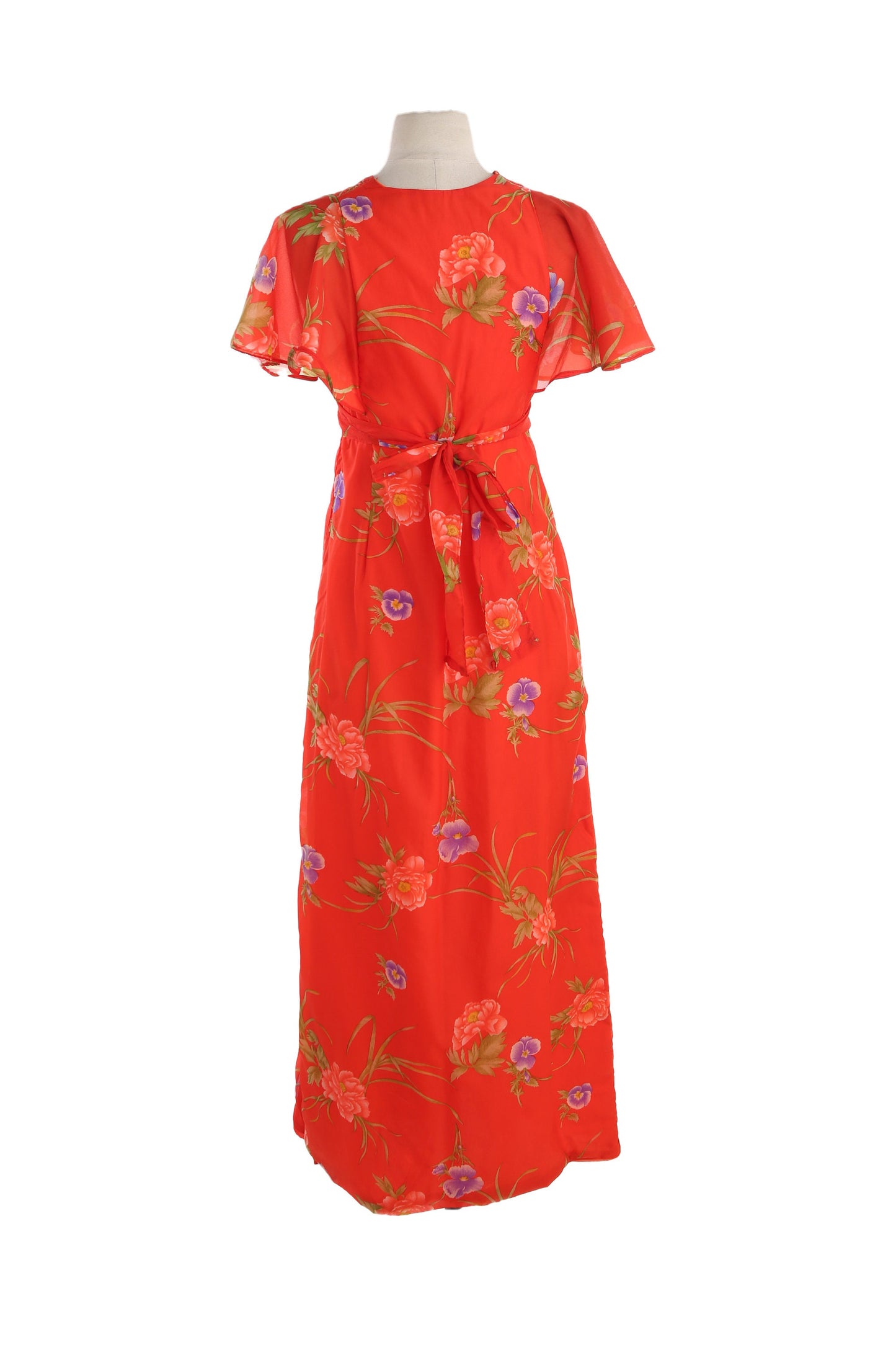 70s Red Floral Print Poly Summer Dress