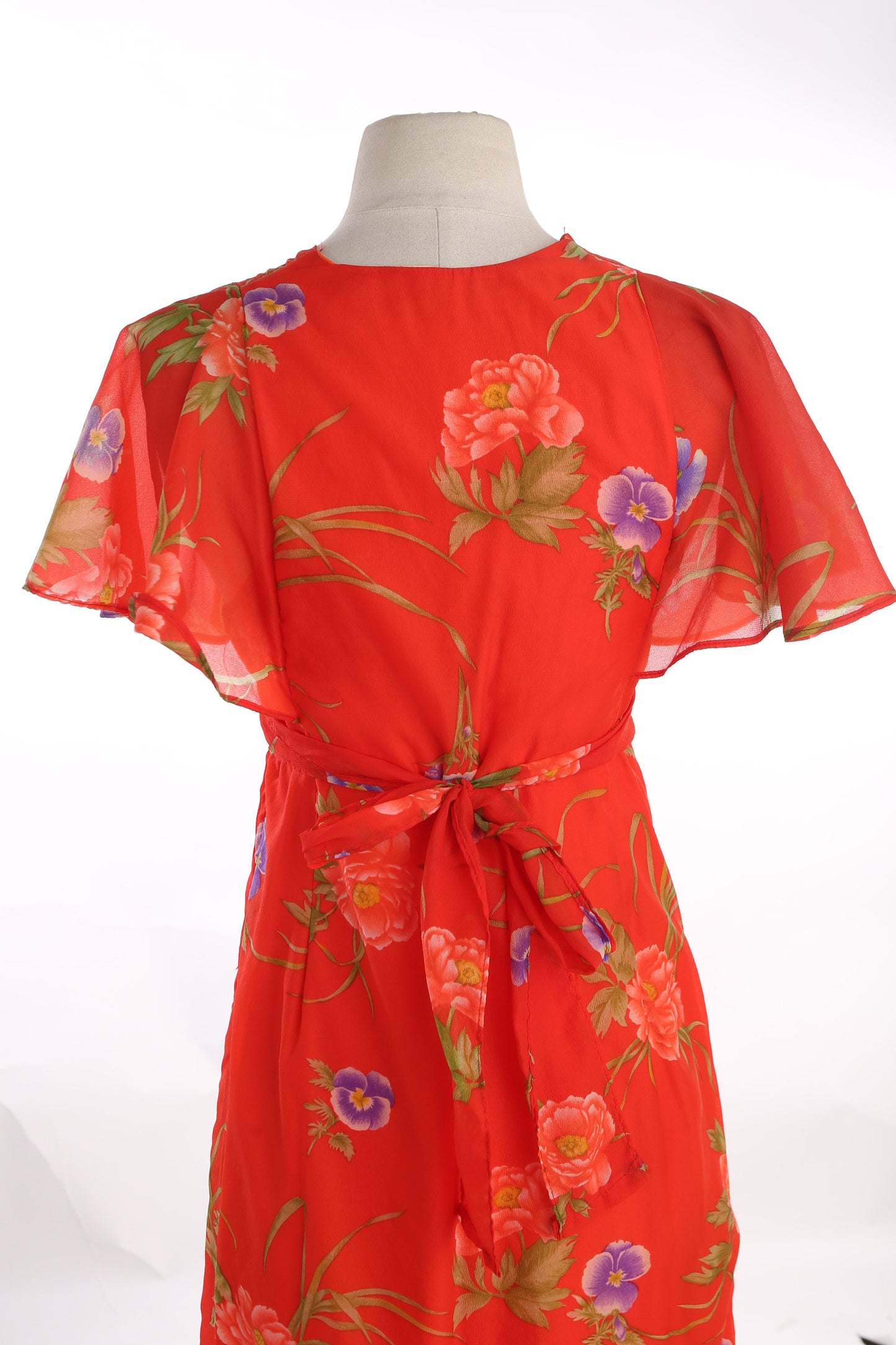 70s Red Floral Print Poly Summer Dress