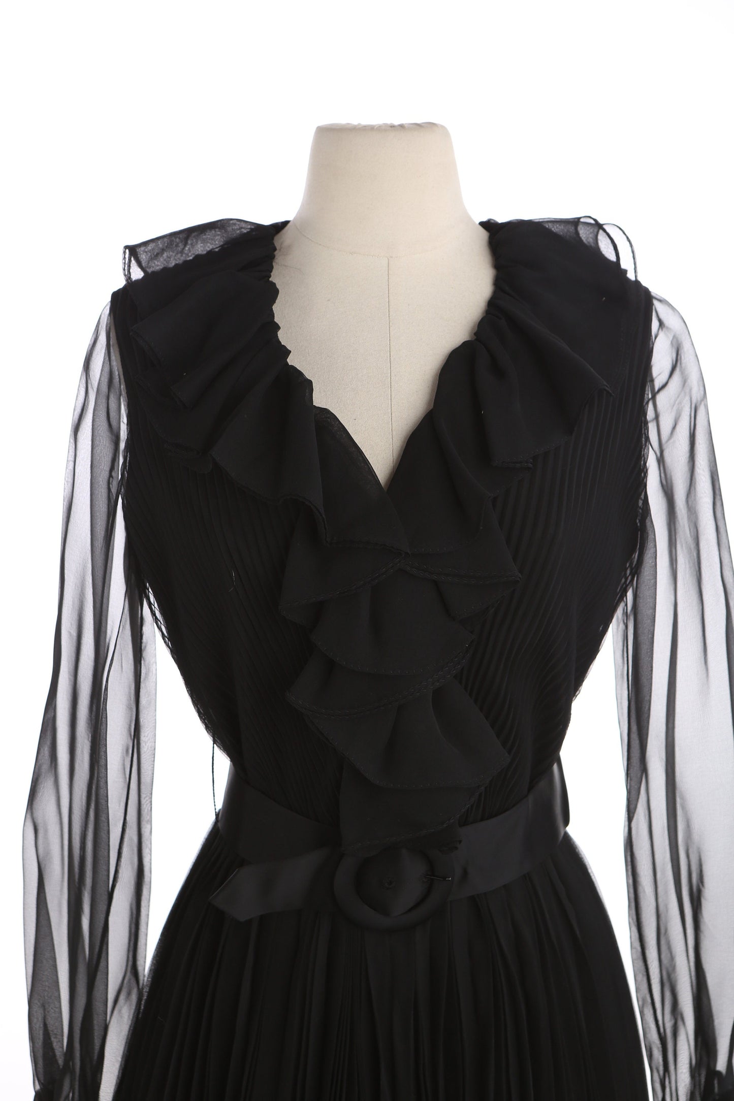 Vintage Black Pleated Bottom Dress with Ruffled Collar Seam / estimated Era: 70s - 80s