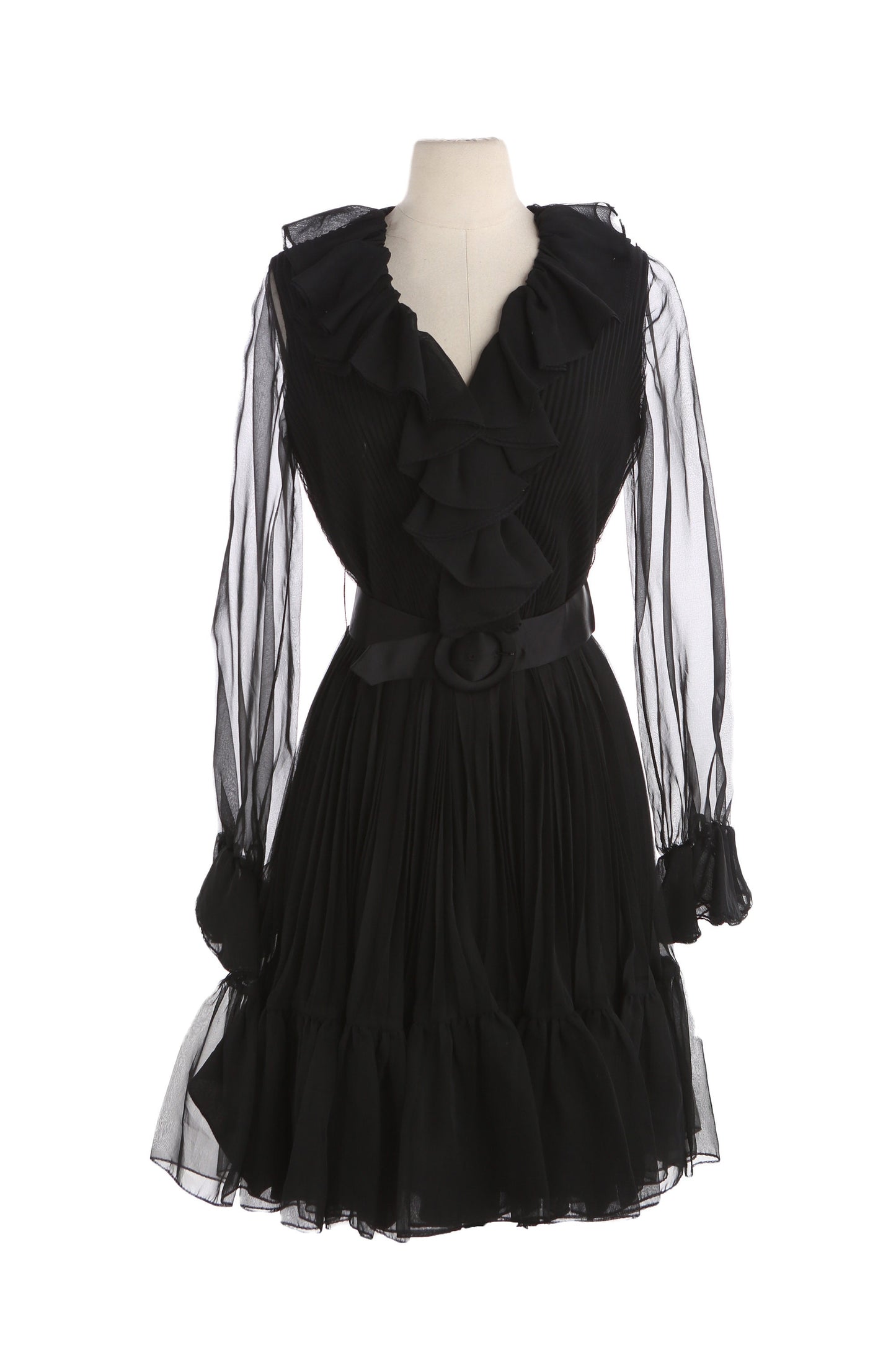 Vintage Black Pleated Bottom Dress with Ruffled Collar Seam / estimated Era: 70s - 80s