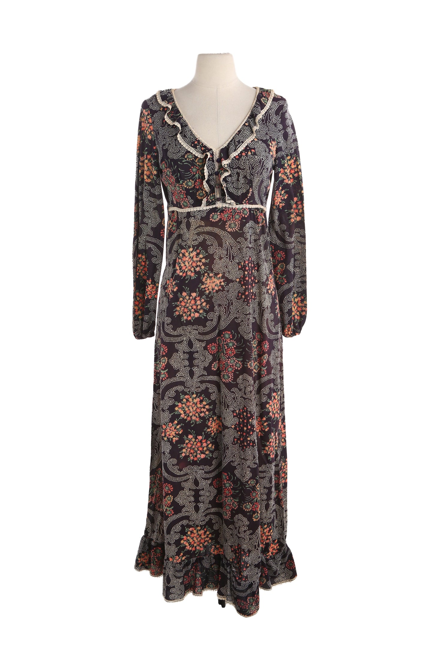 1970s Women Black Floral Print Summer Poly Dress