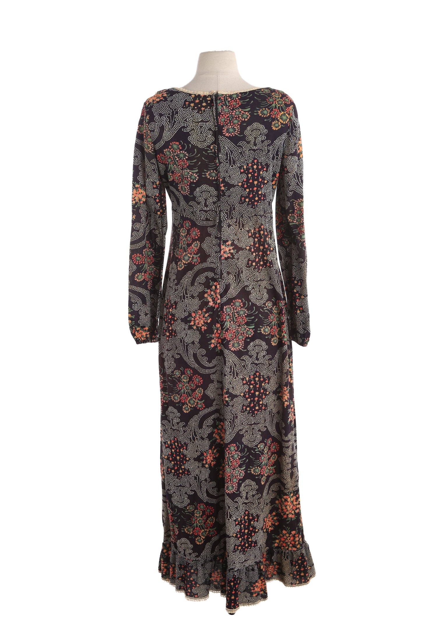 1970s Women Black Floral Print Summer Poly Dress