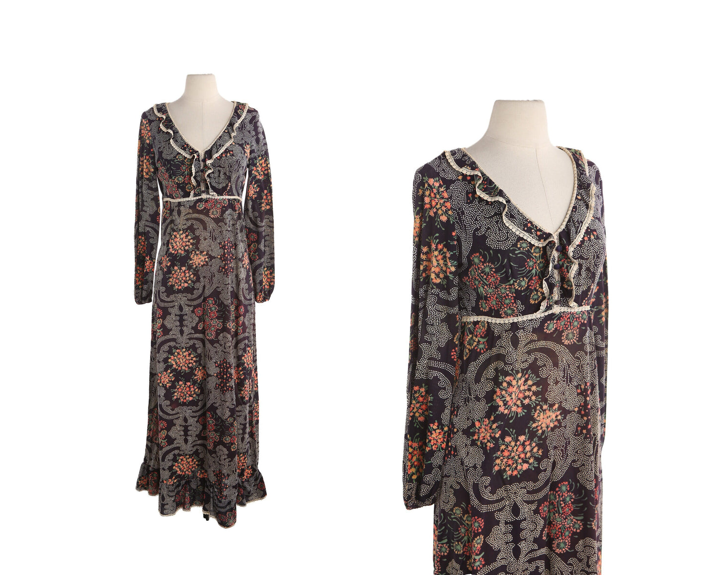 1970s Women Black Floral Print Summer Poly Dress