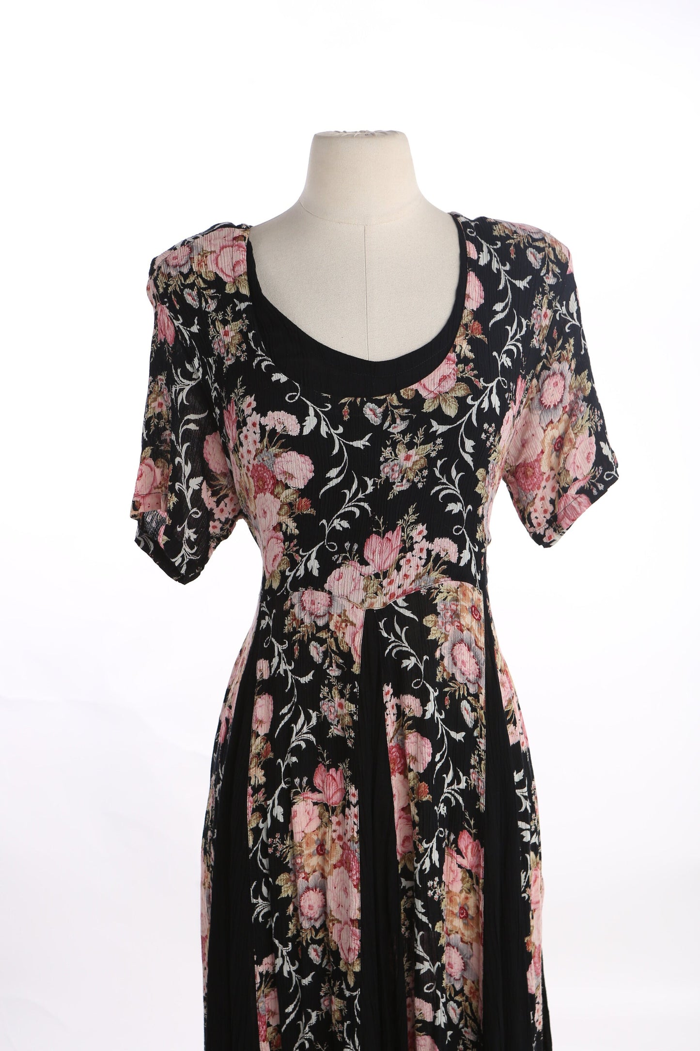 90s Women Black Floral Print Long Rayon Dress by American Angel / Made in India