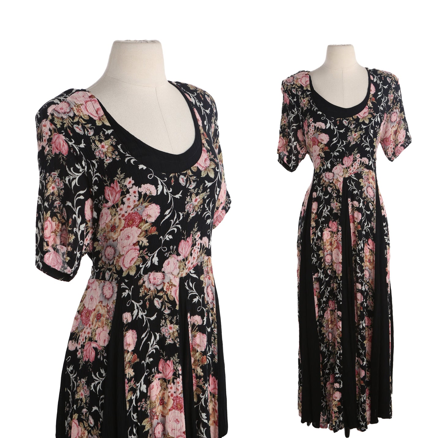90s Women Black Floral Print Long Rayon Dress by American Angel / Made in India