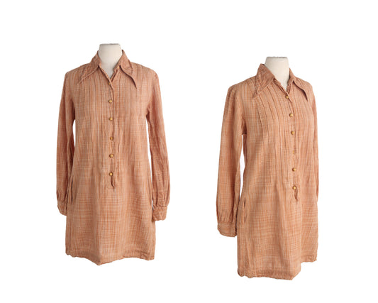 Vintage Women 70s Cotton Collared Dress / Made in India