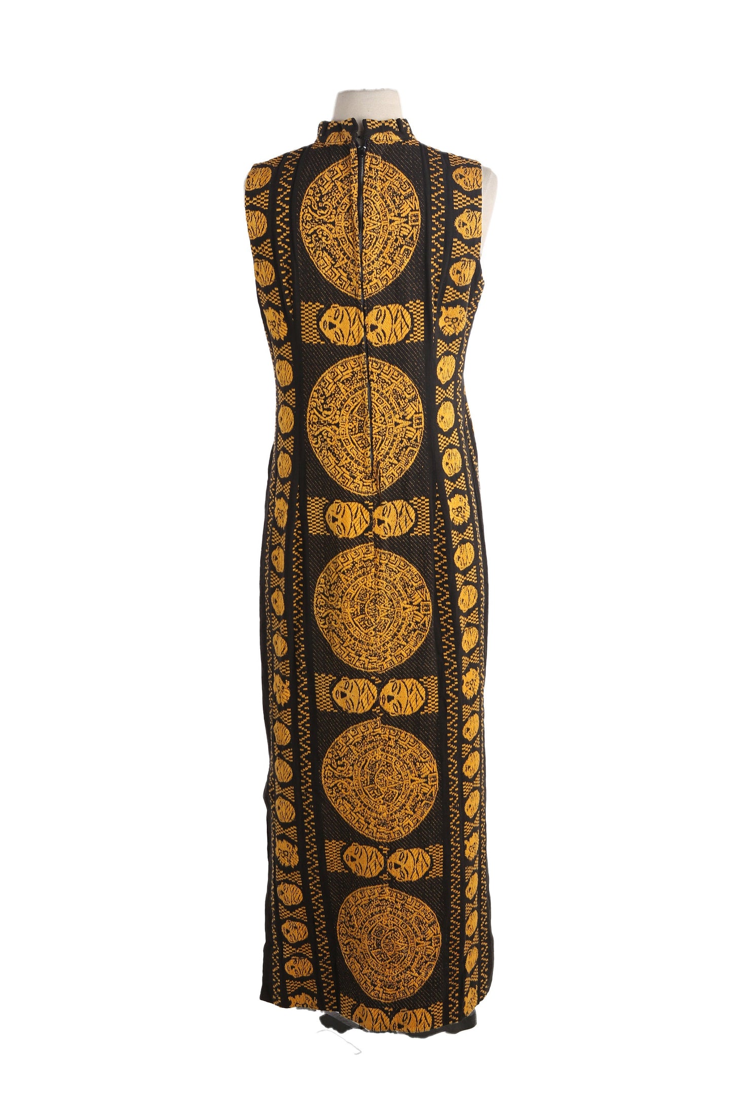 Vintage Women Black Ethnic Embroidered Dress / Aztec Calendar Design