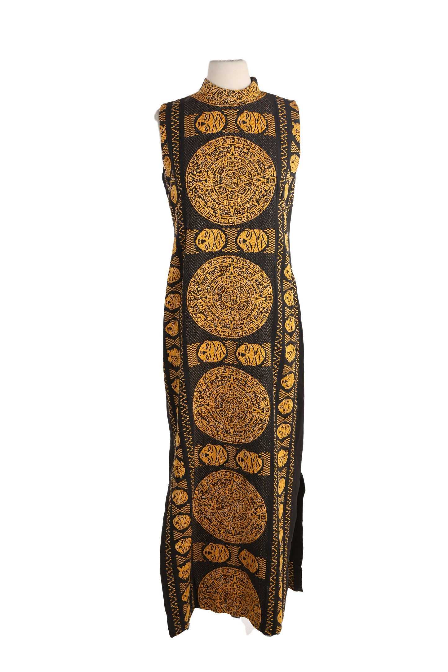 Vintage Women Black Ethnic Embroidered Dress / Aztec Calendar Design