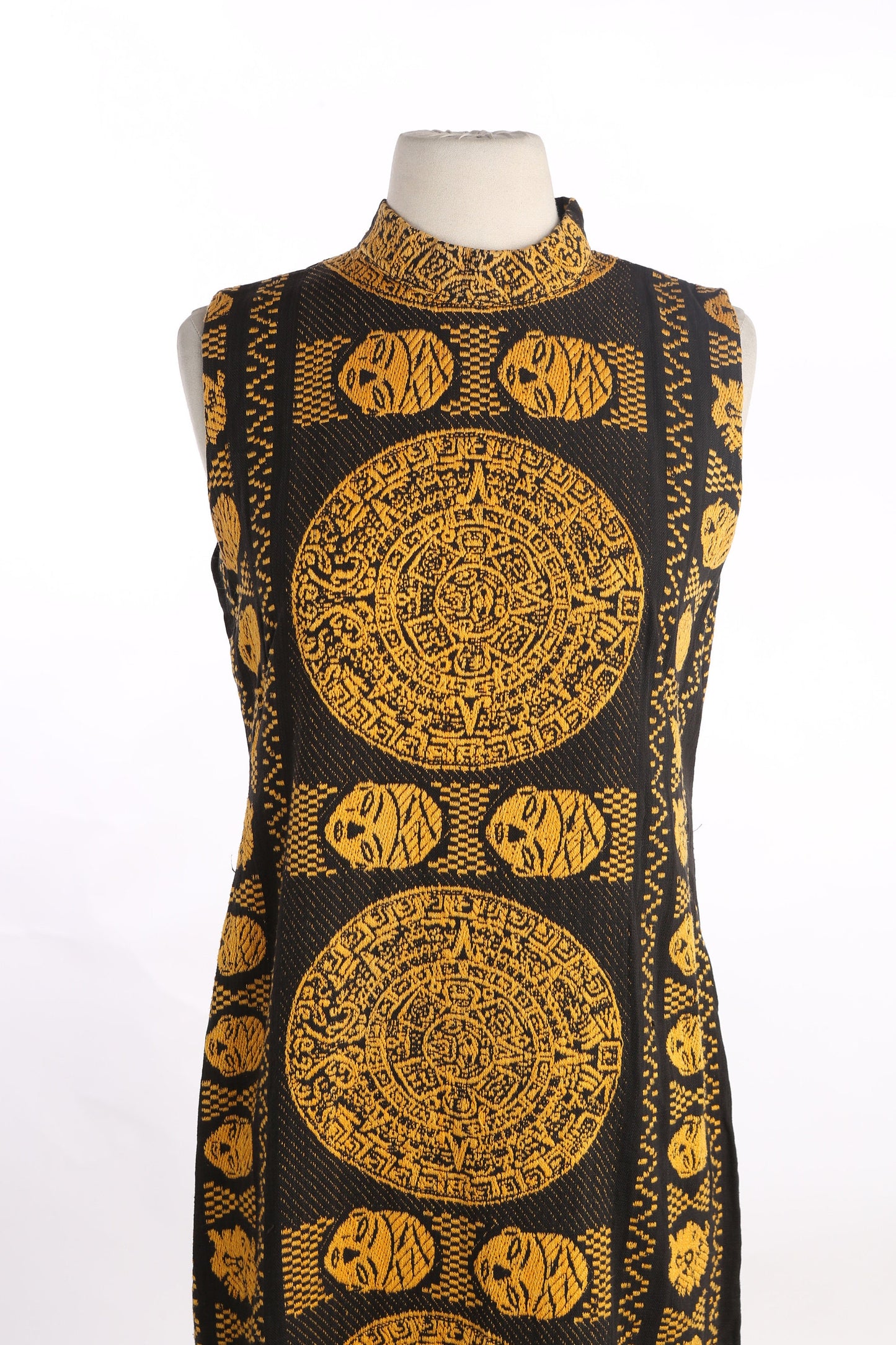 Vintage Women Black Ethnic Embroidered Dress / Aztec Calendar Design