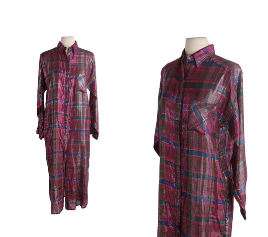 Vintage Women Pink Plaid Button Up Shirtdress / Made in India