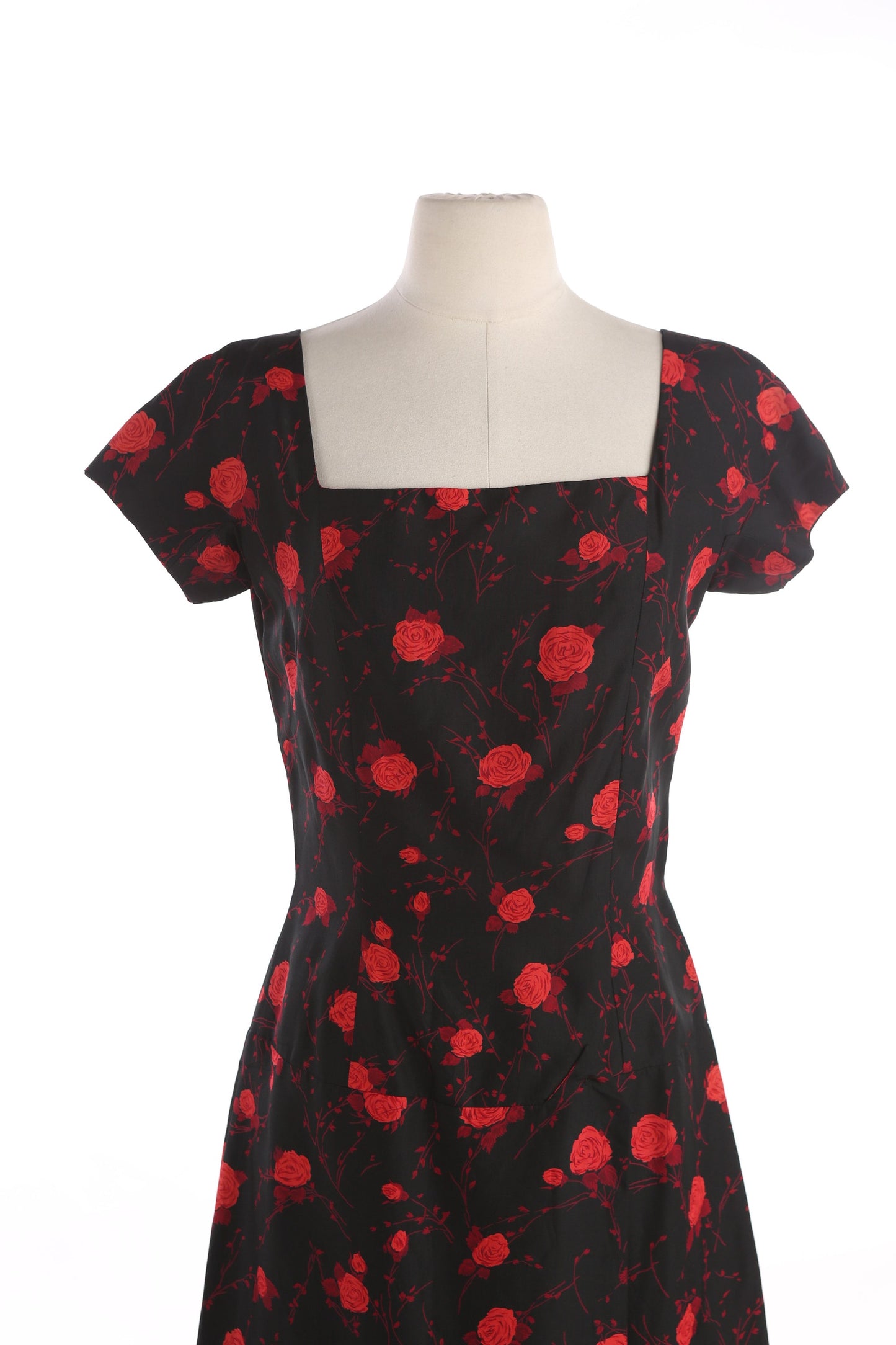 50s Women Black Red Floral Print Casual Dress