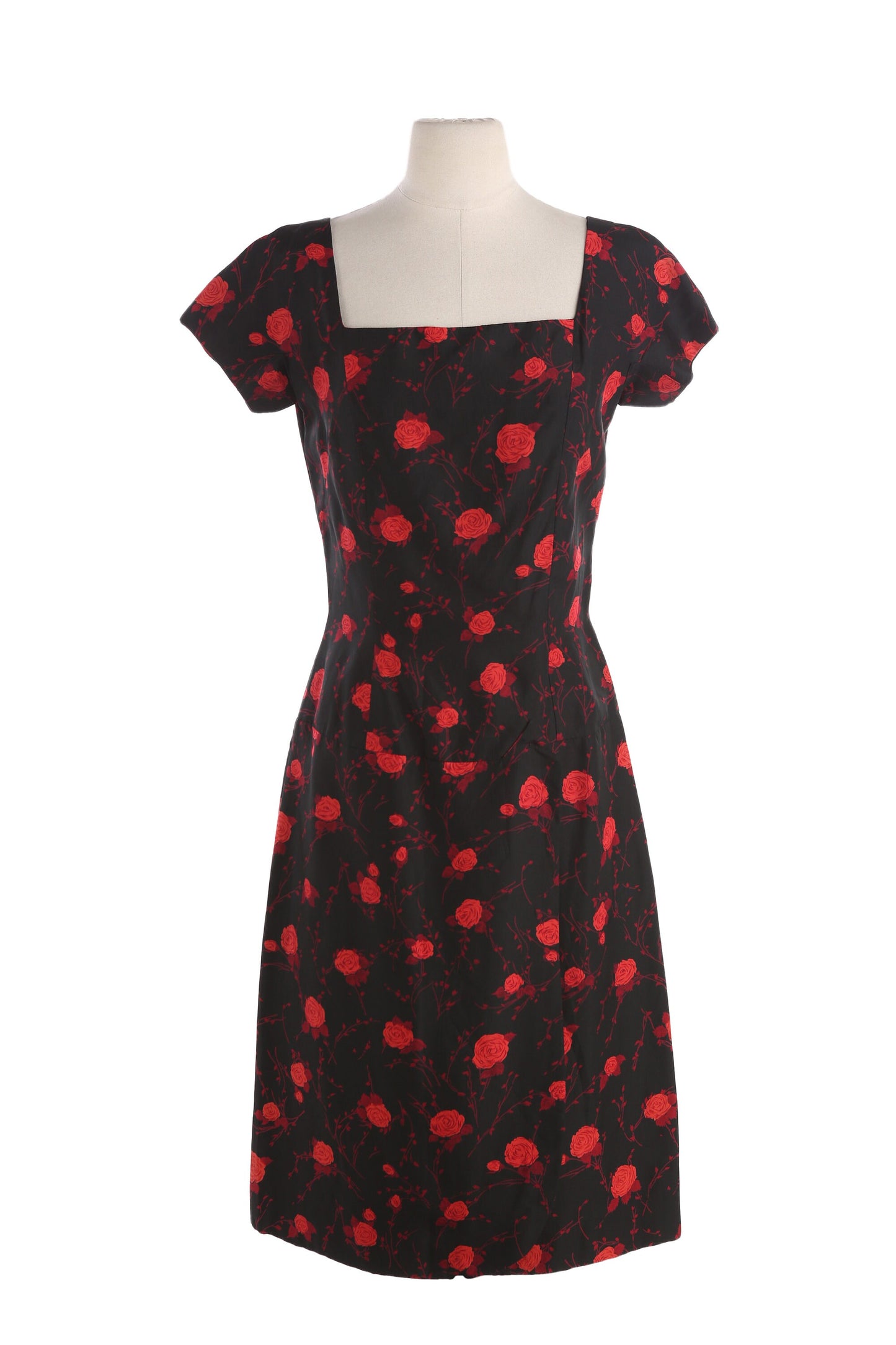 50s Women Black Red Floral Print Casual Dress