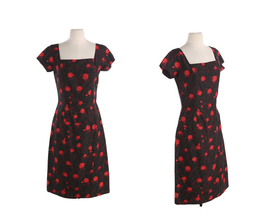 50s Women Black Red Floral Print Casual Dress