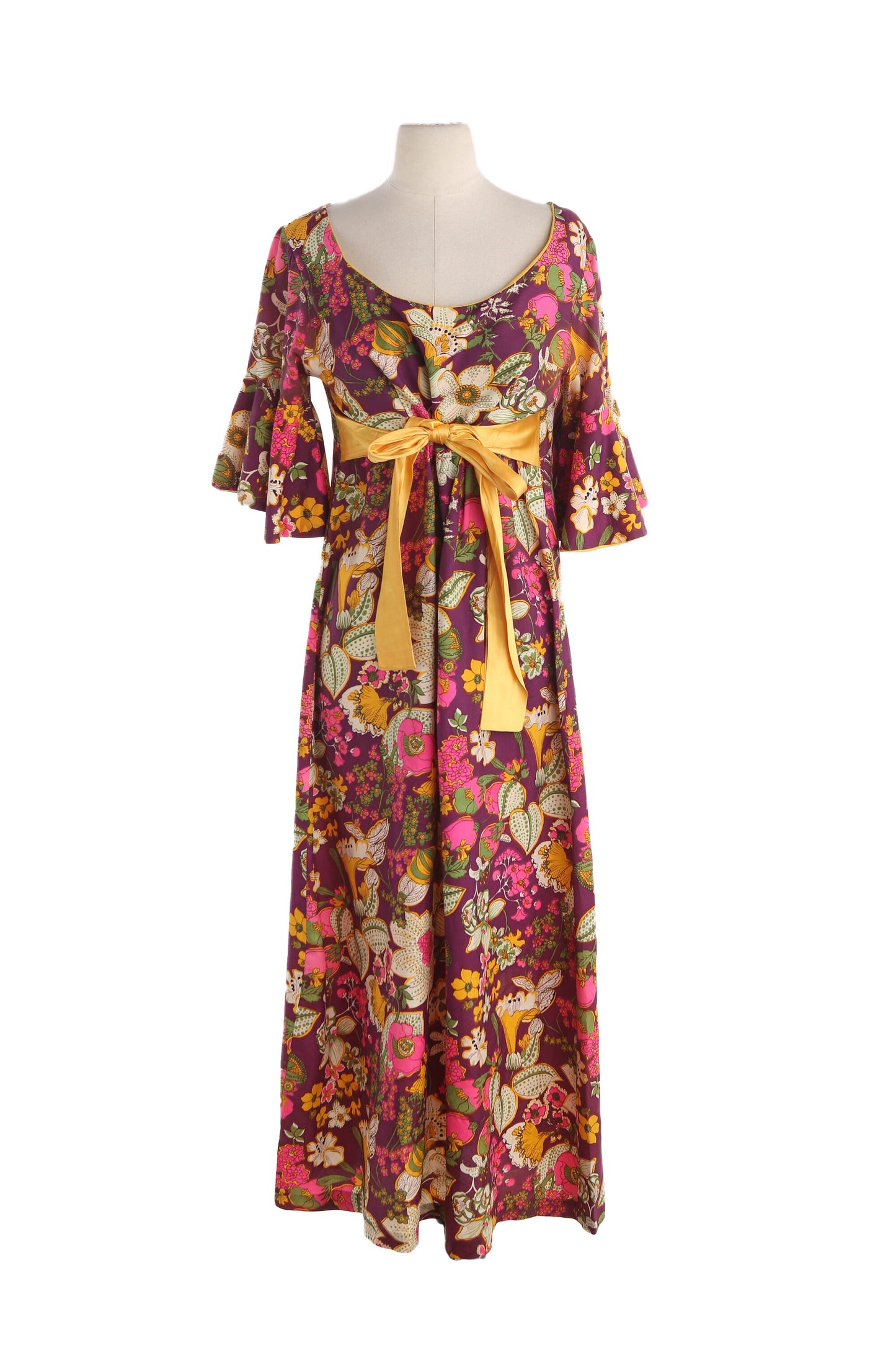 70s Women Floral Print Long Casual Dress with Yellow Waist Bow Belt