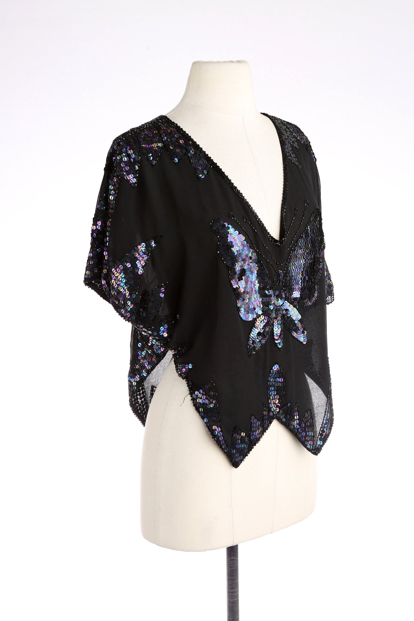 Black Sequin Top with Butterfly Pattern / Disco / 1980s - 1990s