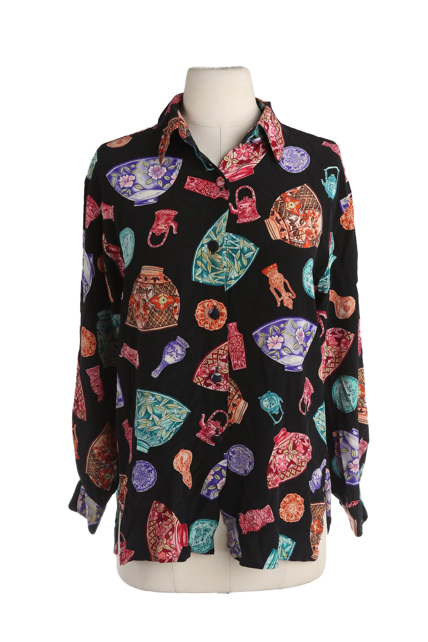 Vintage Women Black Silk Blouse with Pottery Print