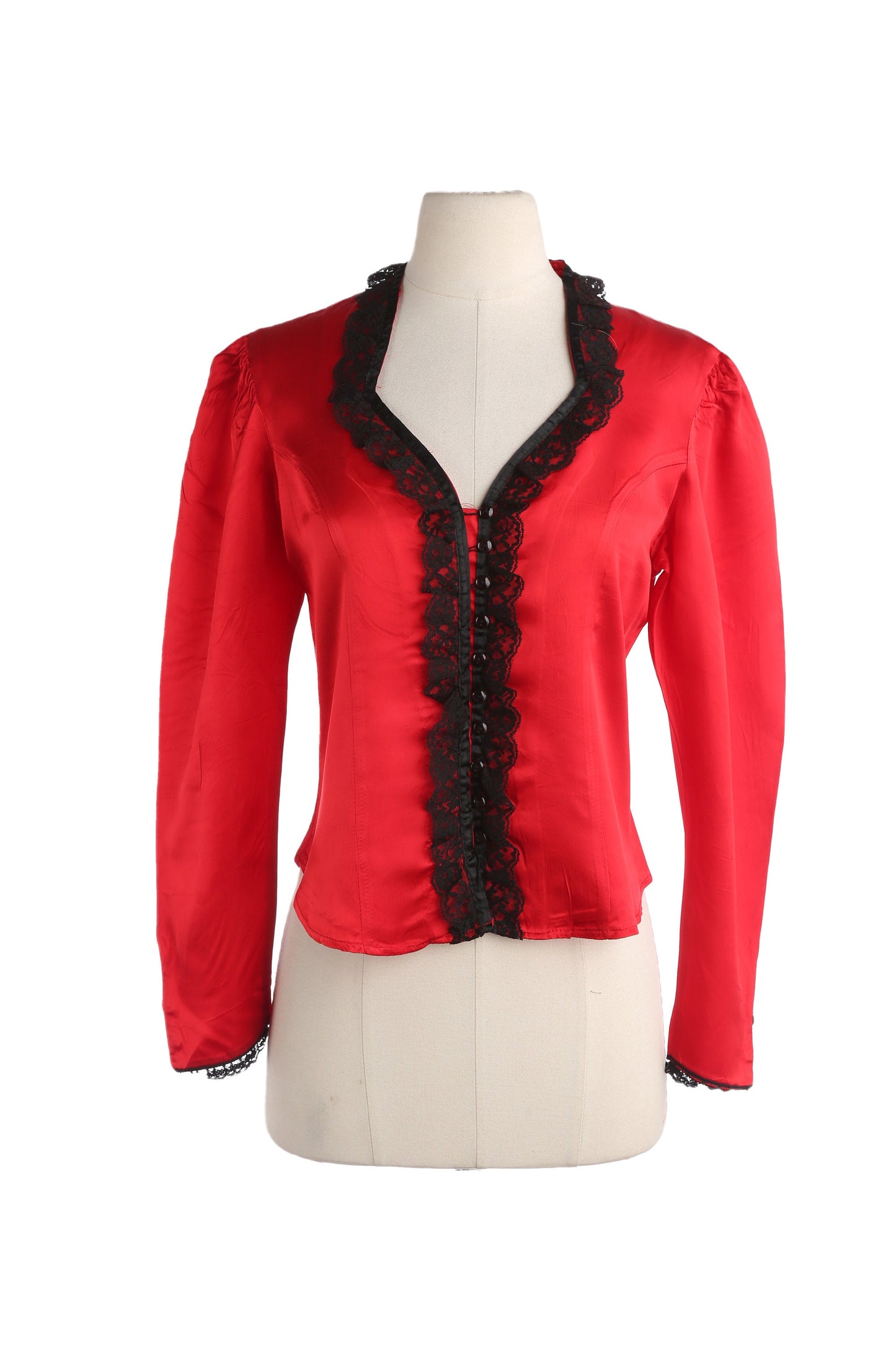 90s Women Red Poly Ruffled Chest Seam Blouse by Marylin Lenox from Circle T