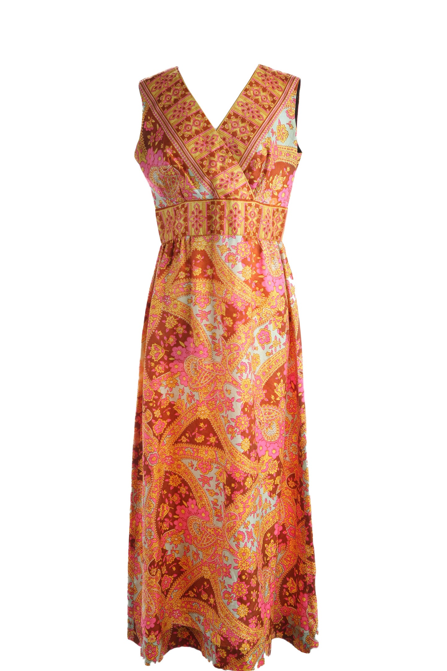 1970s Women Orange Paisley Print Casual Dress