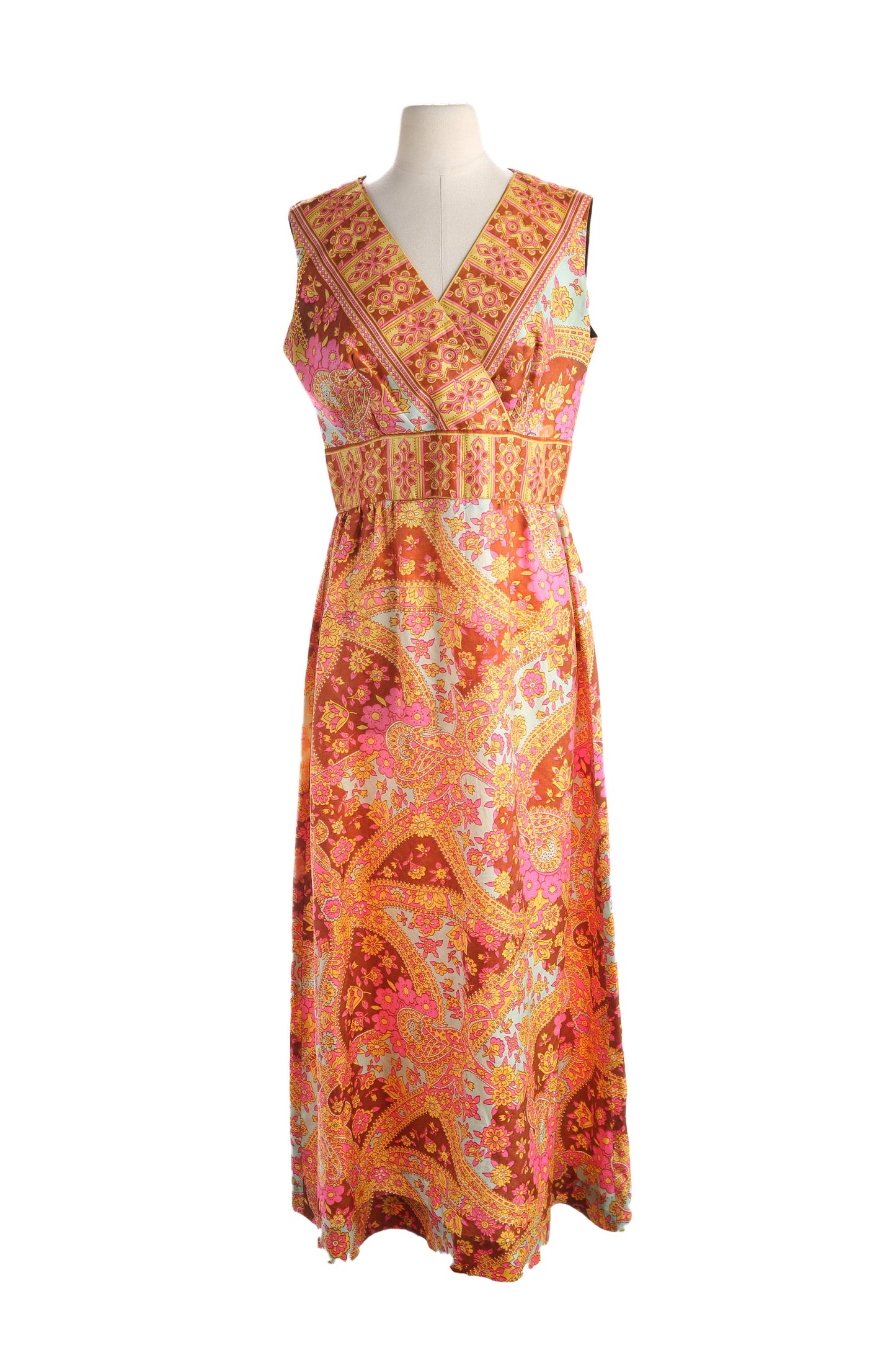 1970s Women Orange Paisley Print Casual Dress