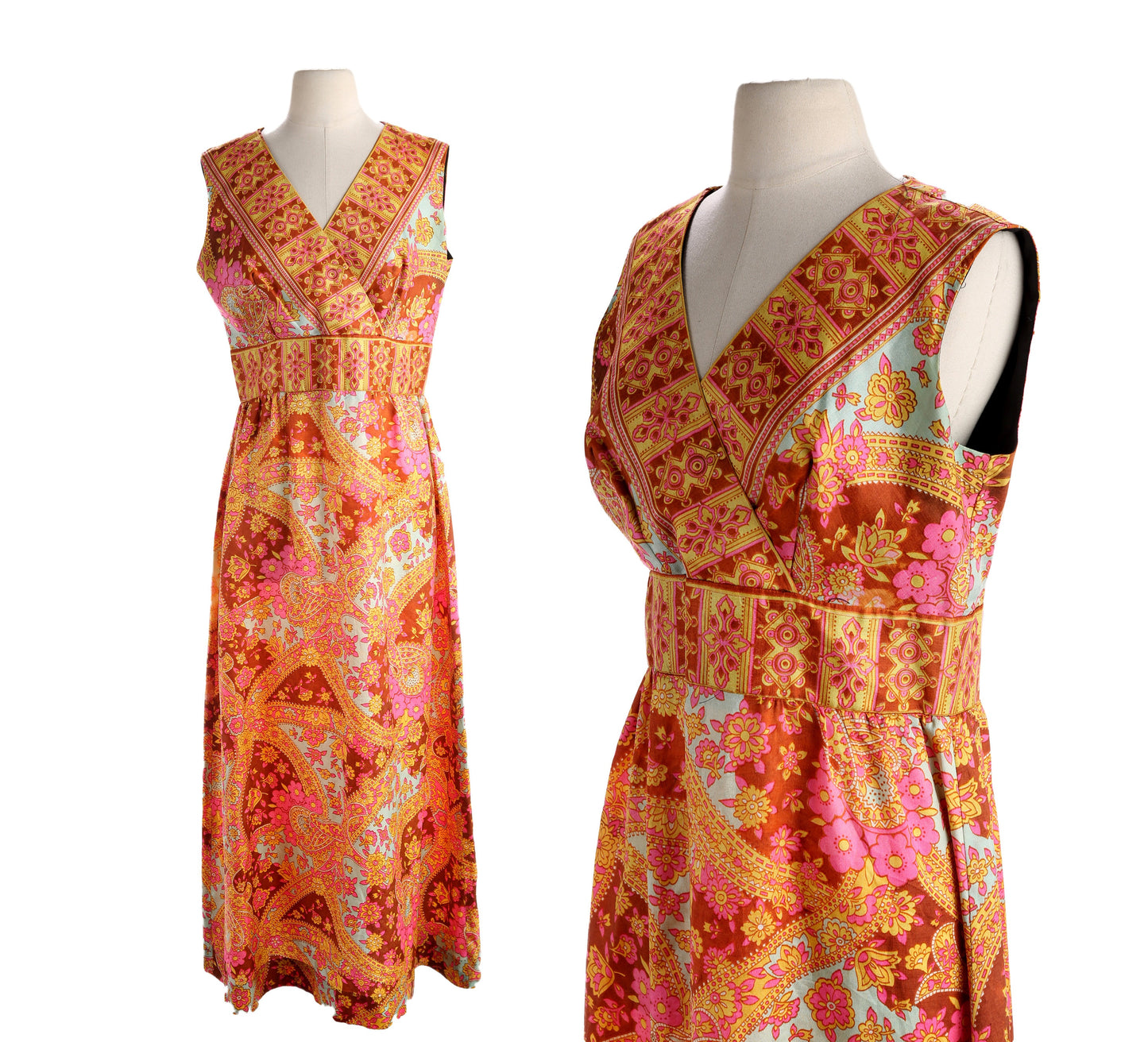 1970s Women Orange Paisley Print Casual Dress