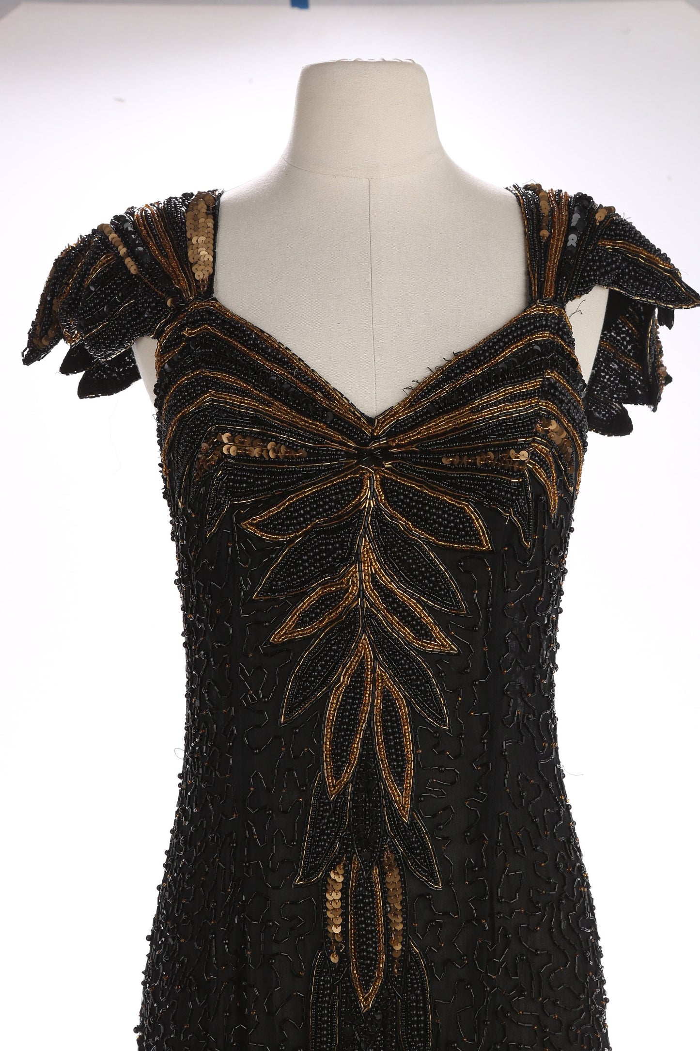 Vintage Sequin Dress with Black and Gold Beads / Estimated Era 80s - 90s