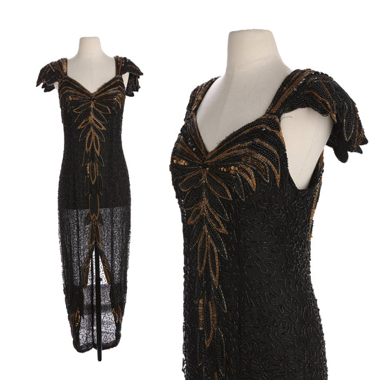 Vintage Sequin Dress with Black and Gold Beads / Estimated Era 80s - 90s