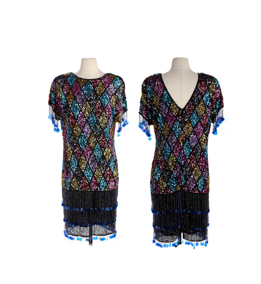Vintage Sequin evening Dress with Multicolor Sequence and Black Beads