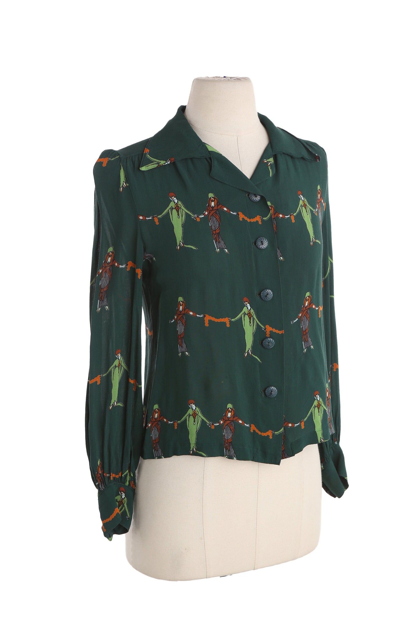 Vintage Green Casual Blouse with Gatsby Girls Print