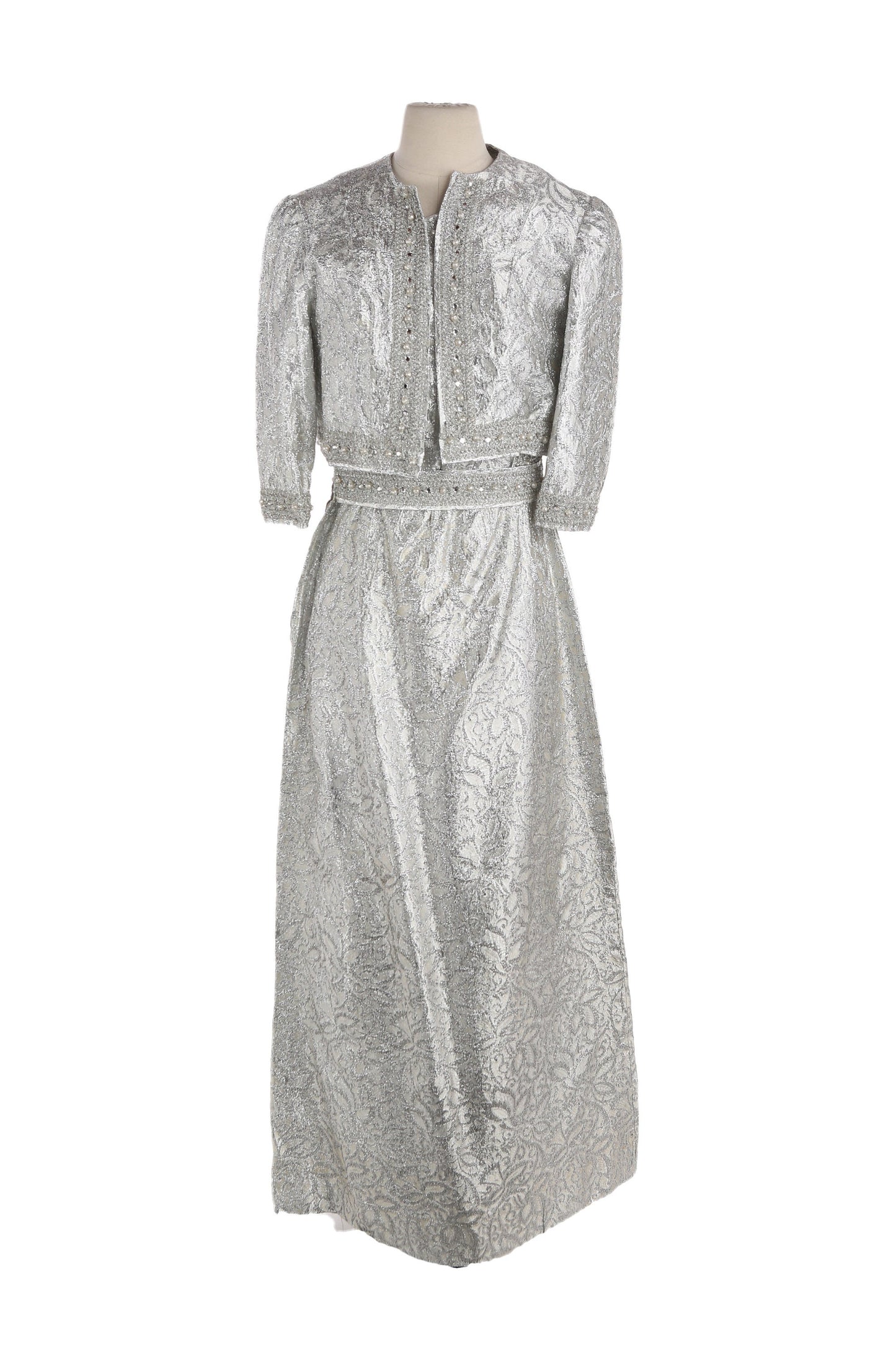 Vintage Silver Evening Formal Set Dress and Jacket / Estimated Era: 40s - 50s / Hollywood Gala