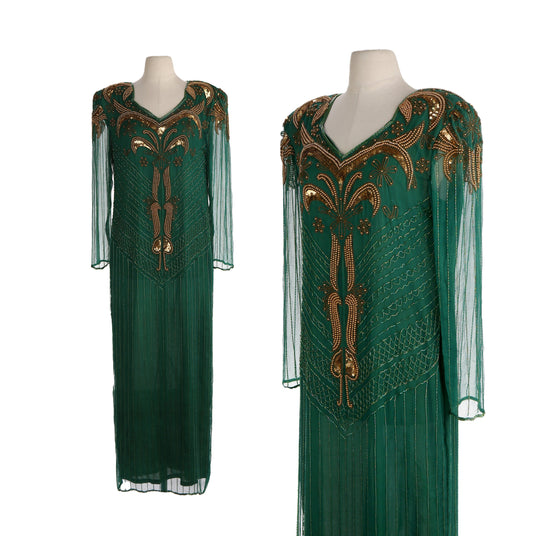 Vintage Women's Green Sequin Dress with Golden Beads