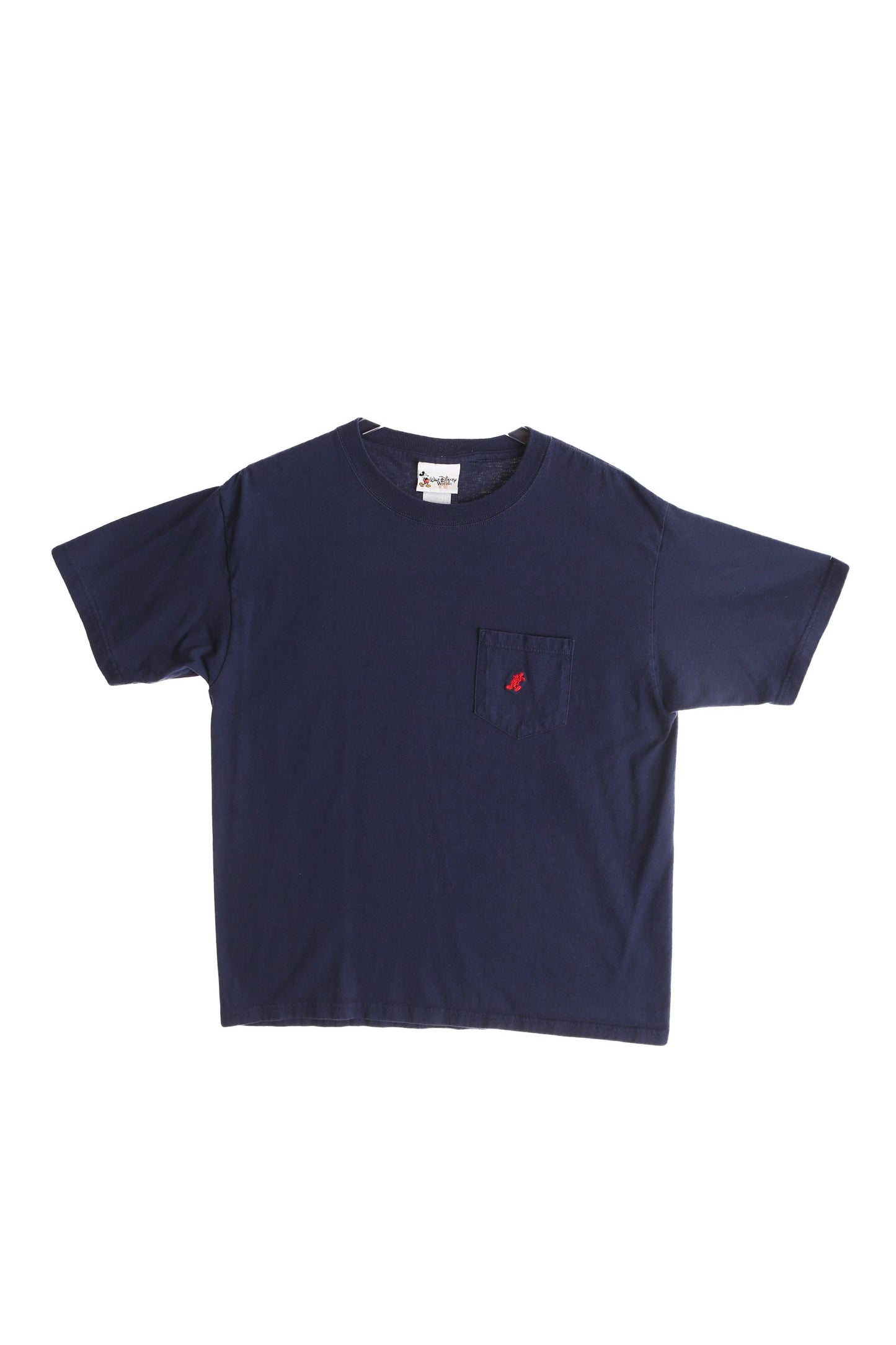 Vintage Blue Disney Solid One Pocket T-shirt with Red Mickey Embroidered Logo