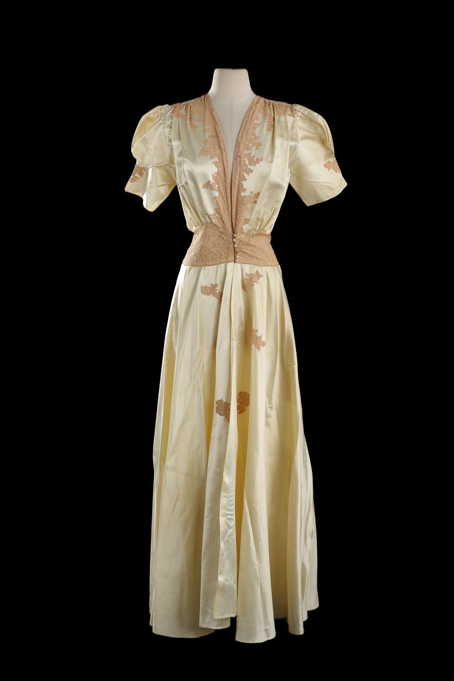 Vintage 1940s Yellow Nightgown Dress with Brown Lace Embroidered Details