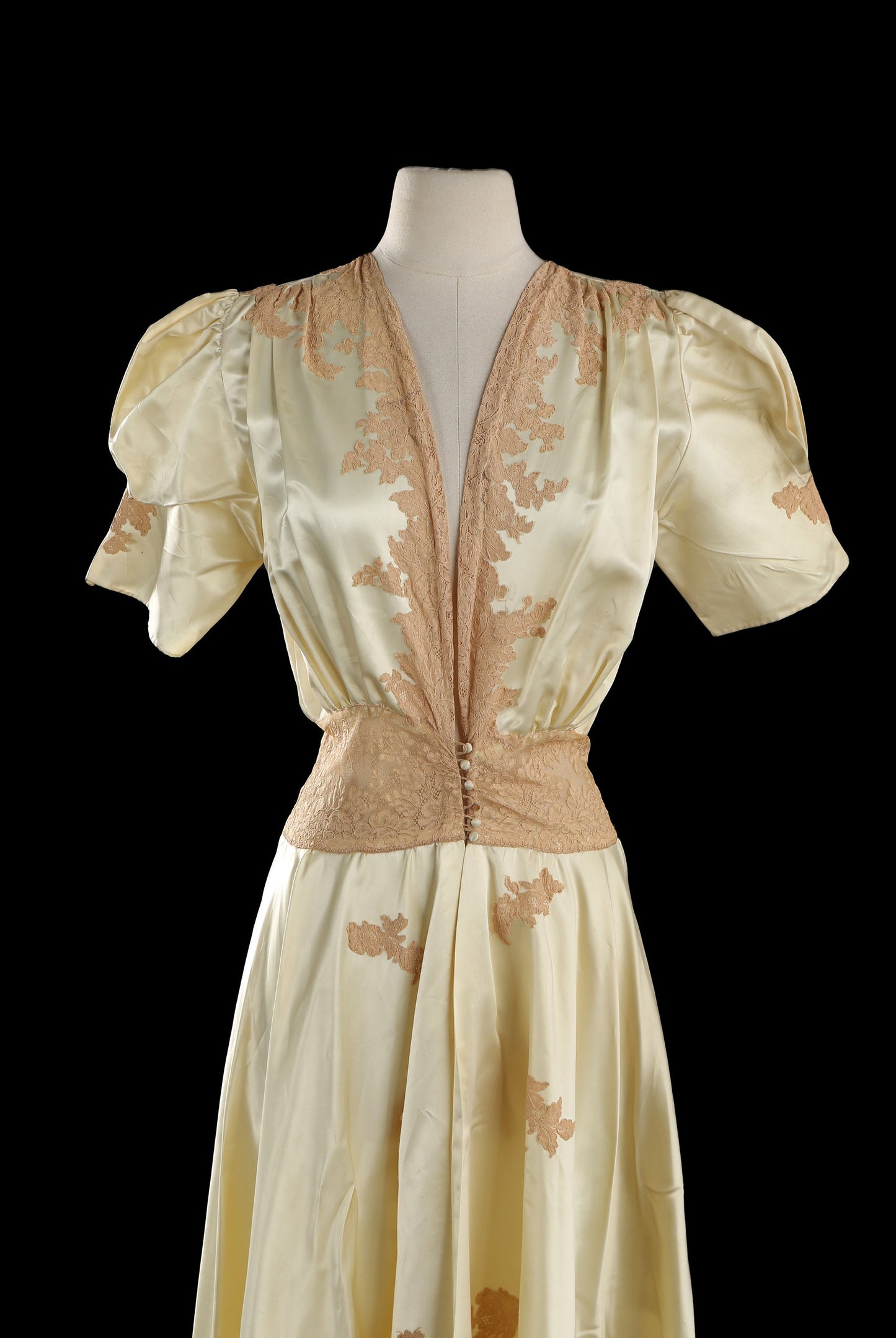 Vintage 1940s Yellow Nightgown Dress with Brown Lace Embroidered Details