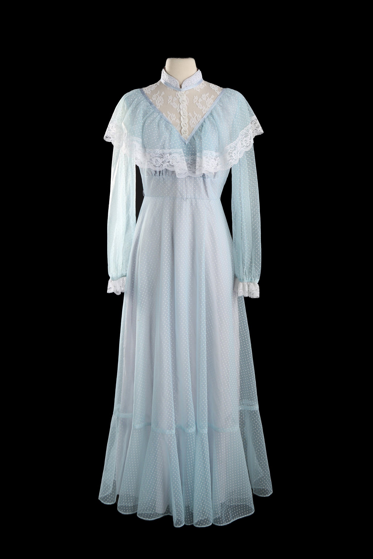 Vintage Women's White Polka Dot Blue Long Prairie Dress with Ruffled Lace Seam Chest Details