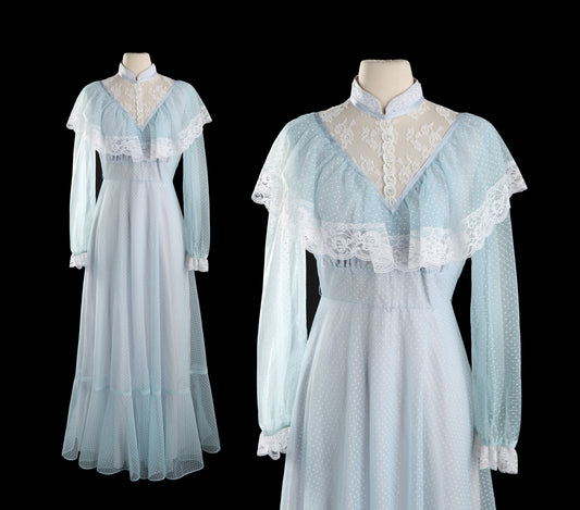 Vintage Women's White Polka Dot Blue Long Prairie Dress with Ruffled Lace Seam Chest Details