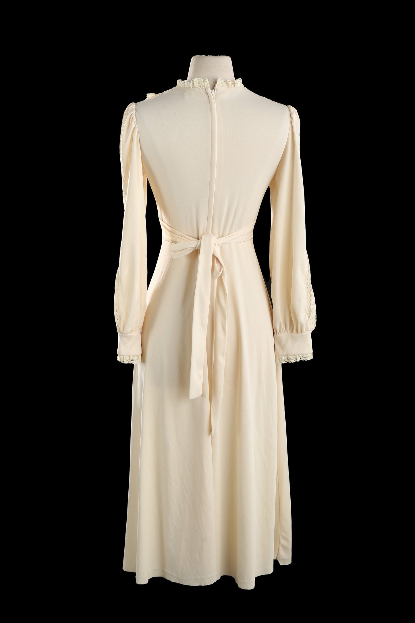 1970s Women Beige Casual Long Dress with Lace Collar Details