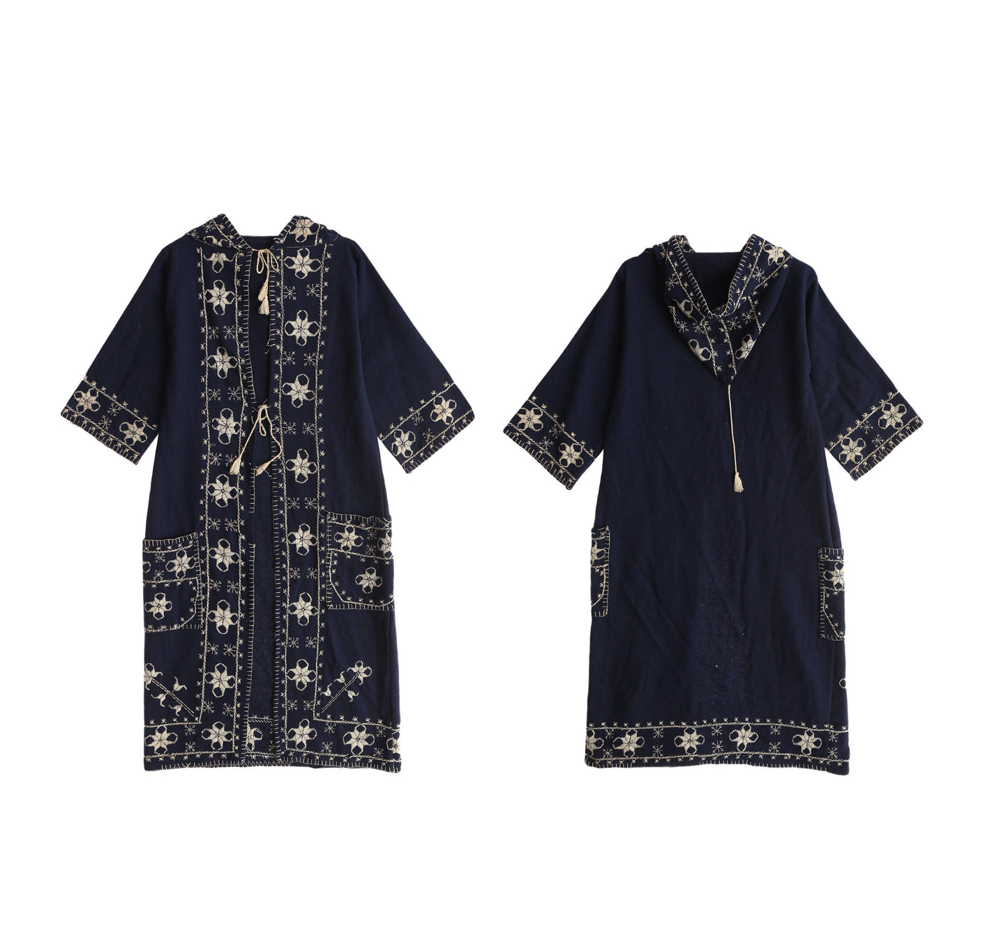 Vintage Embroidered Blue Hooded Open Robe