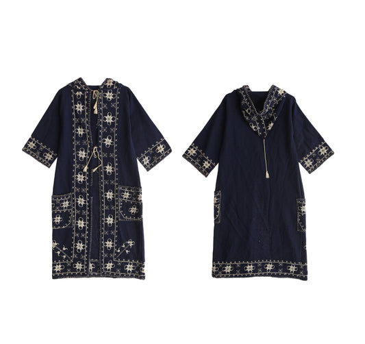 Vintage Embroidered Blue Hooded Open Robe