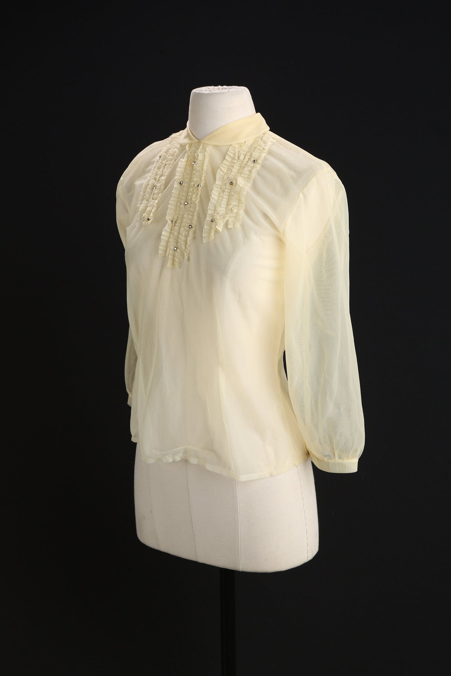 Vintage Women White Sheer Ruffle Detail Collar Blouse