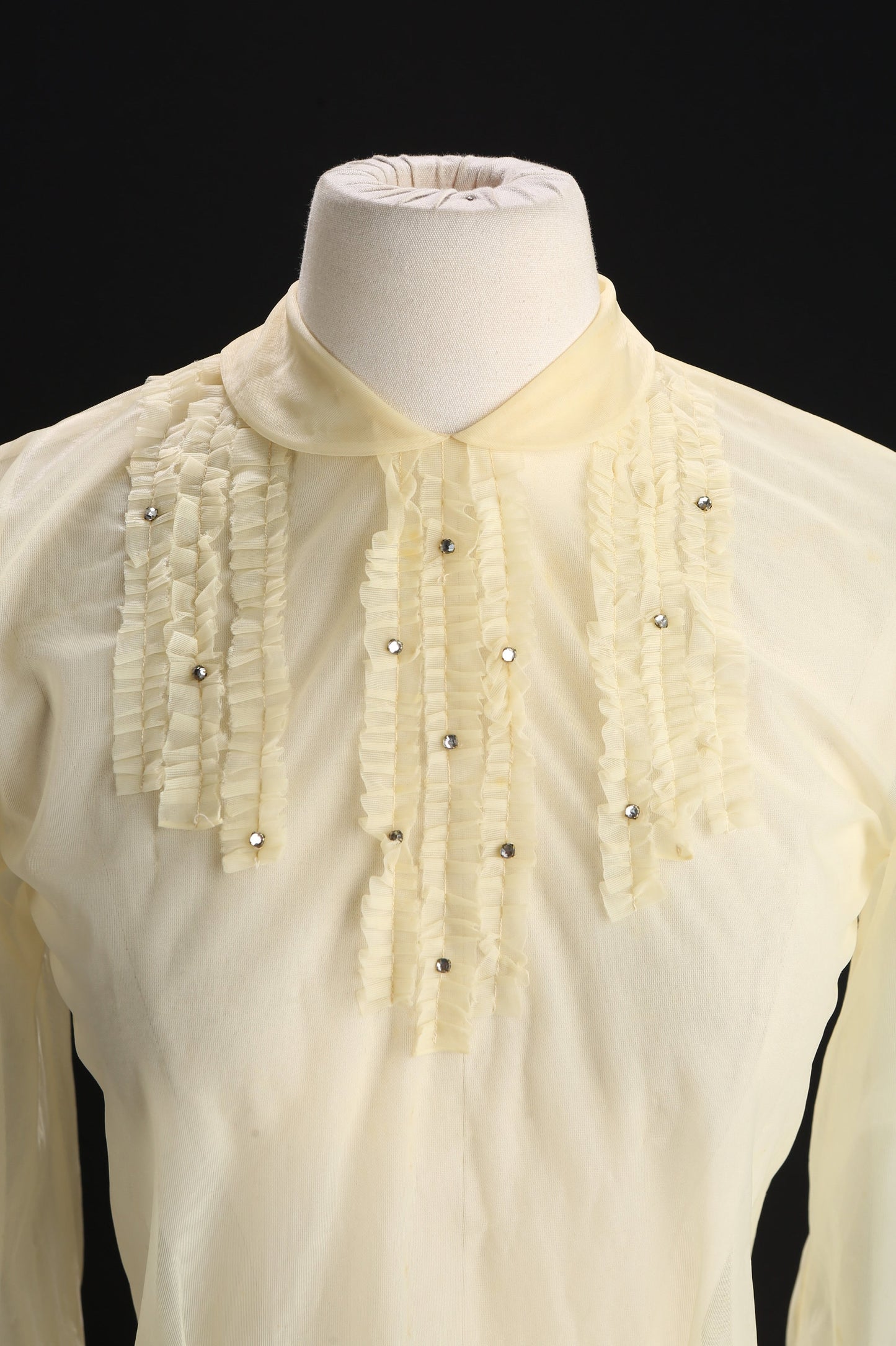 Vintage Women White Sheer Ruffle Detail Collar Blouse
