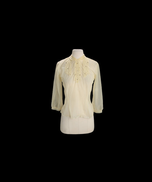Vintage Women White Sheer Ruffle Detail Collar Blouse