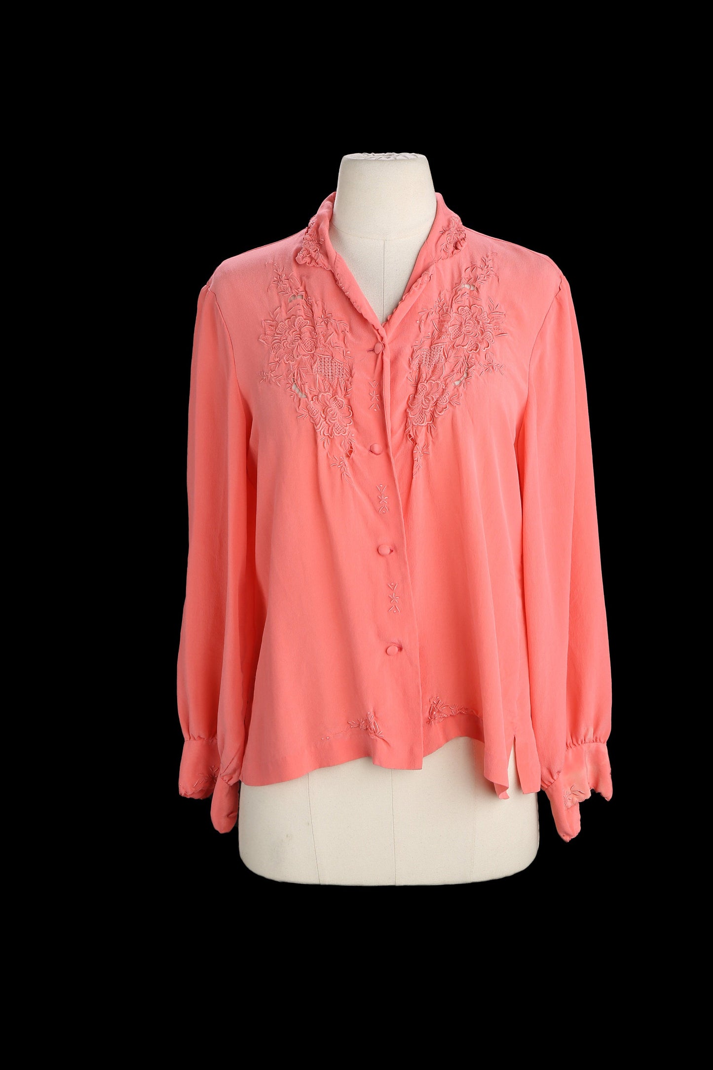 Vintage Women Pink Silk Floral Embroidered Blouse