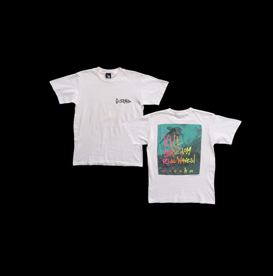 Vintage Gotcha Kill Boredom Ride Waves! White Graphic T-shirt