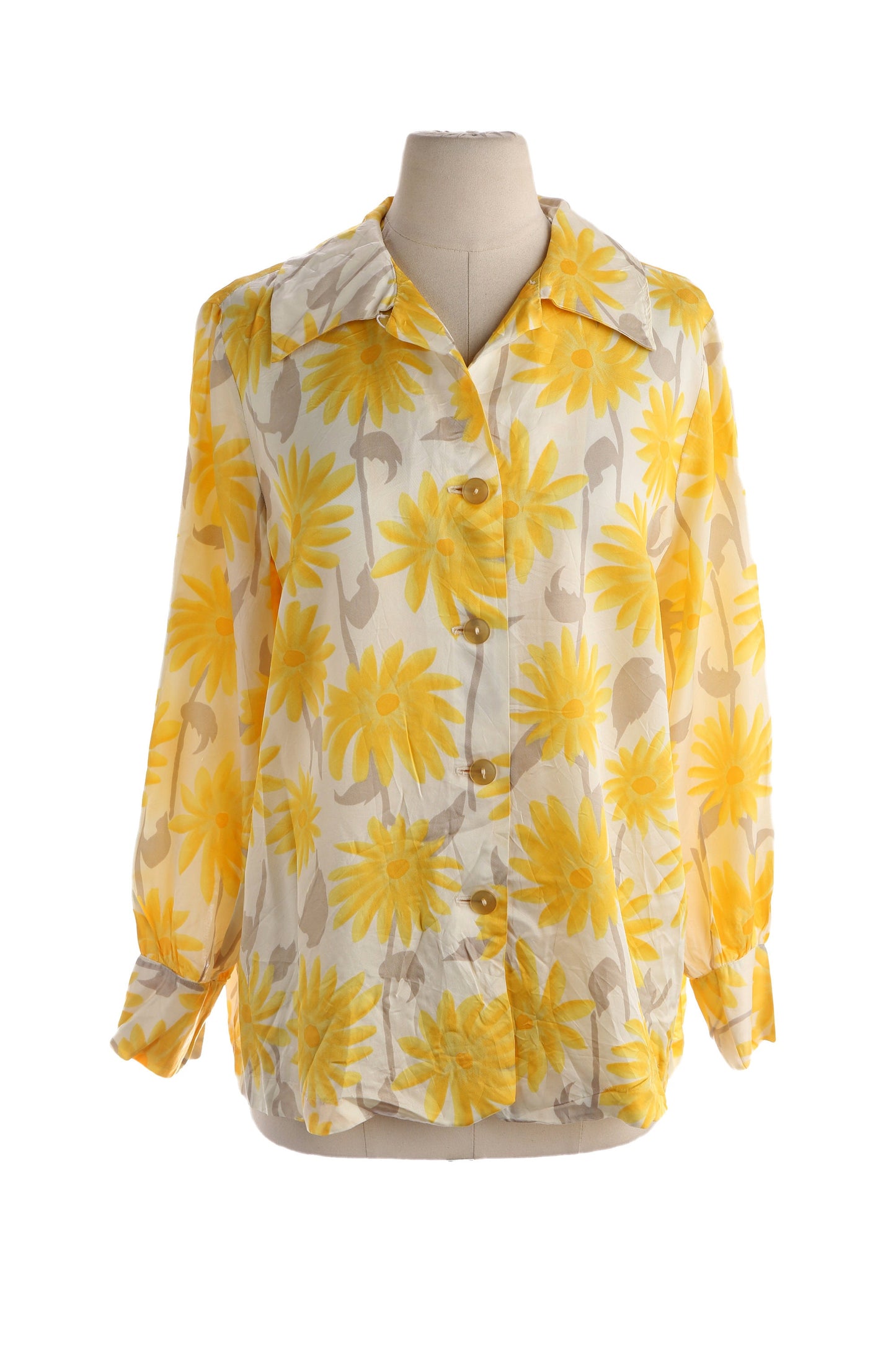 70s Women Yellow Floral Print White Blouse