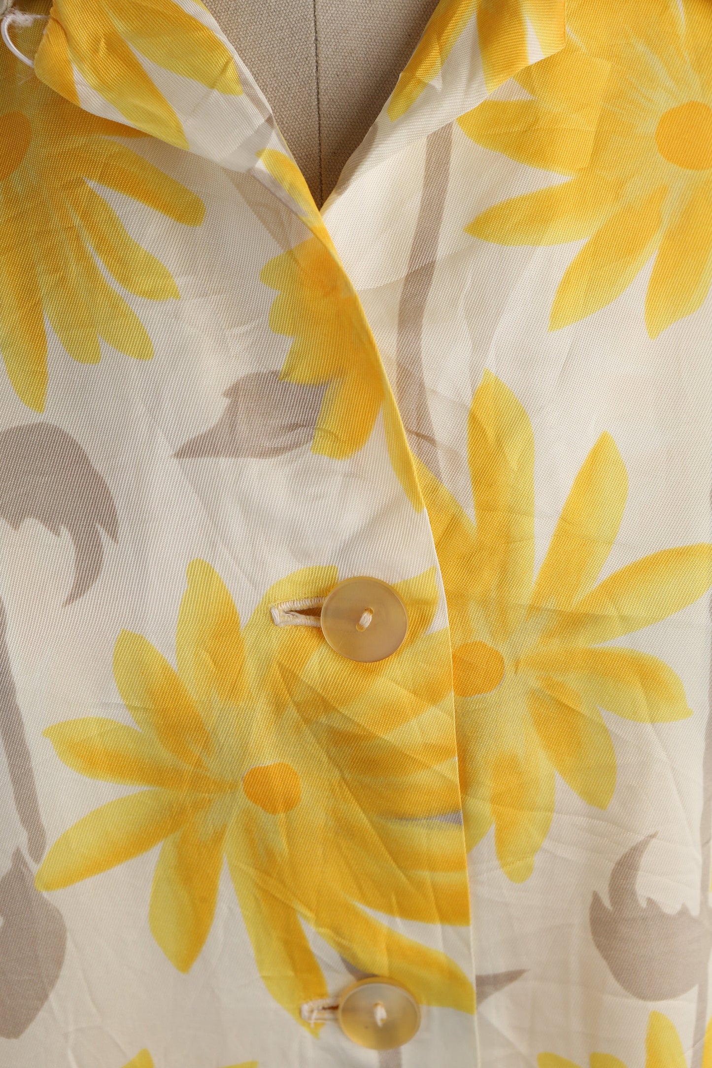70s Women Yellow Floral Print White Blouse