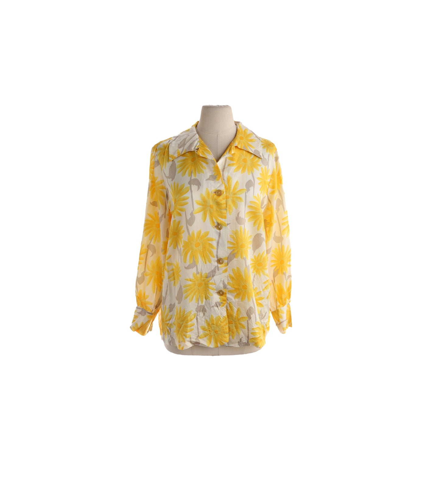 70s Women Yellow Floral Print White Blouse