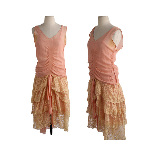 Vintage Women's Pink Flapper Dress with Bottom Lace Ruffled Edge Details / Estimated Era 20s - 30s