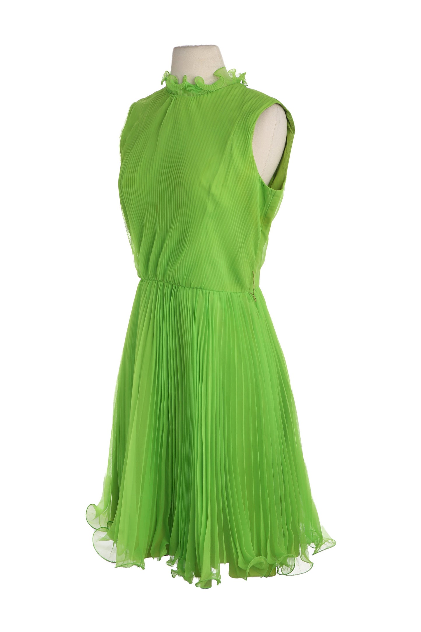 1970s Women Green Pleated Sleeveless Evening Dress